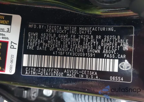 2012 Toyota Camry Se from USA, damaged, VIN 4T1BF1FK9CU091591